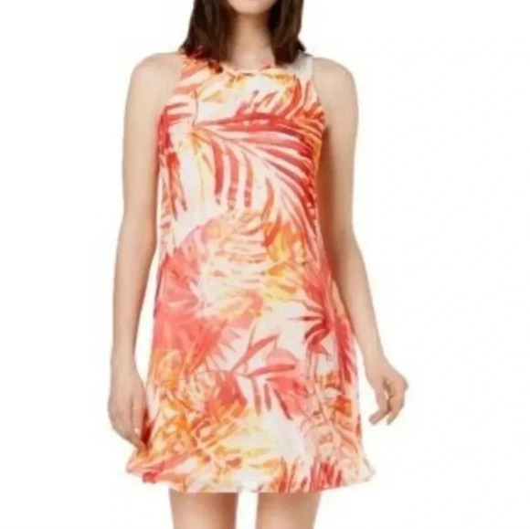 Calvin Klein Sleeveless Dress Lined Tropical Palms Orange Pink White Beach Sz 4 - Picture 1 of 12